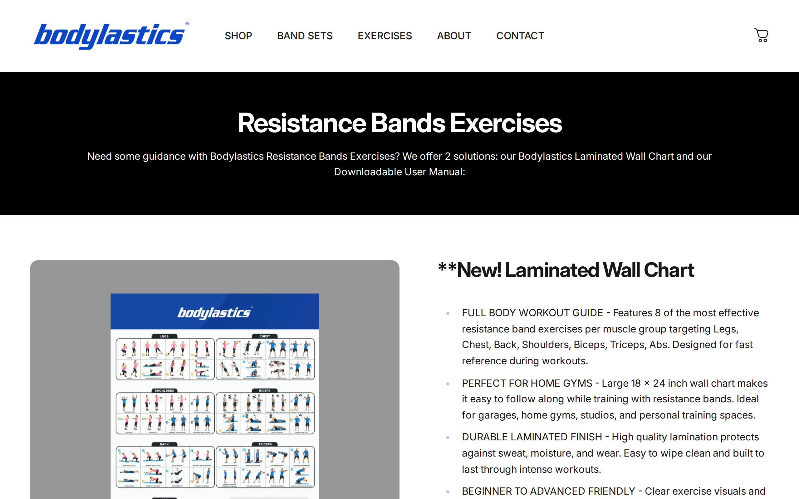 Bodylastics Resistance Bands Exercises page with a laminated wall chart and full body workout guide