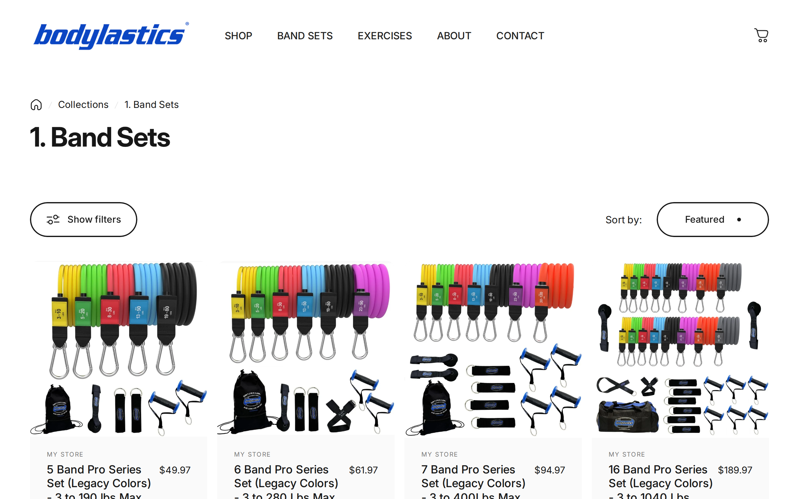 Bodylastics Band Sets collection page listing Pro Series sets from 190 lb up to 1040 lb of maximum tension