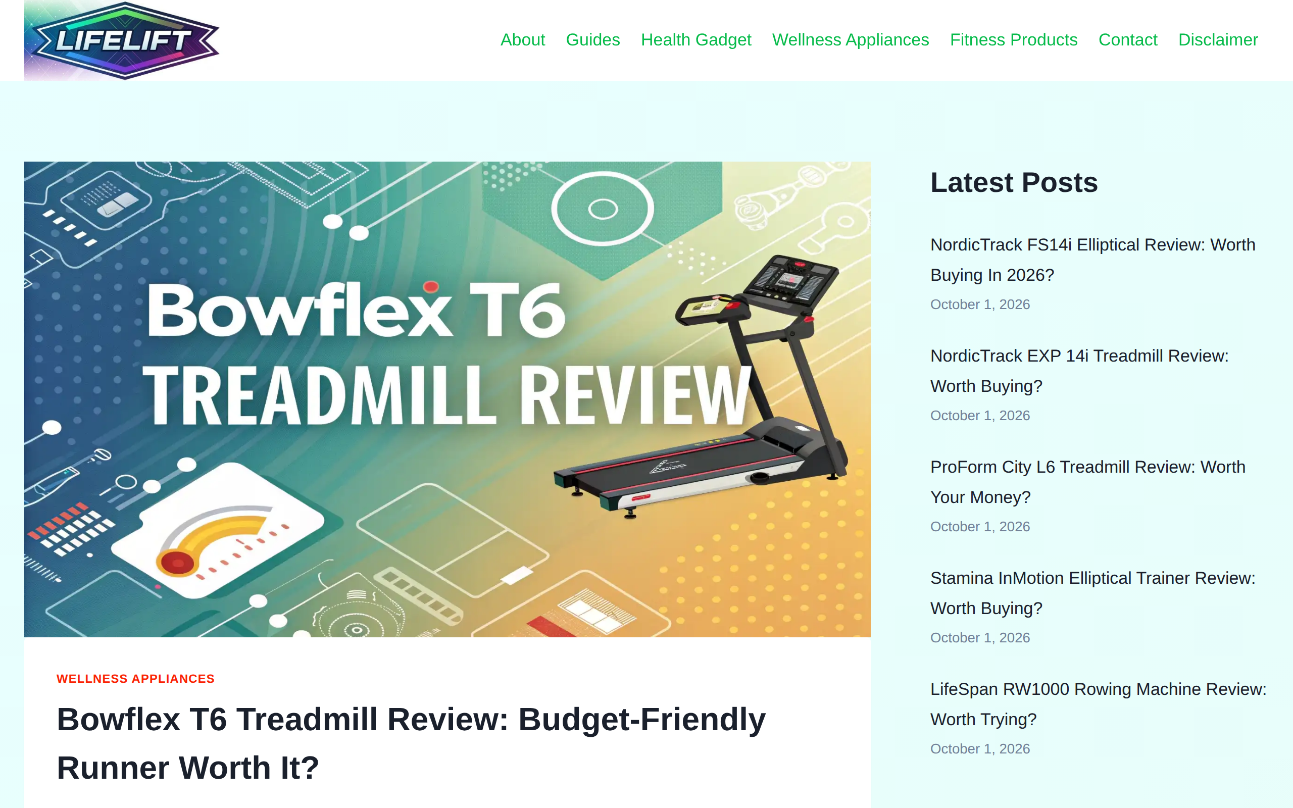 Lifelift review page for the Bowflex T6 treadmill with a photo of the treadmill