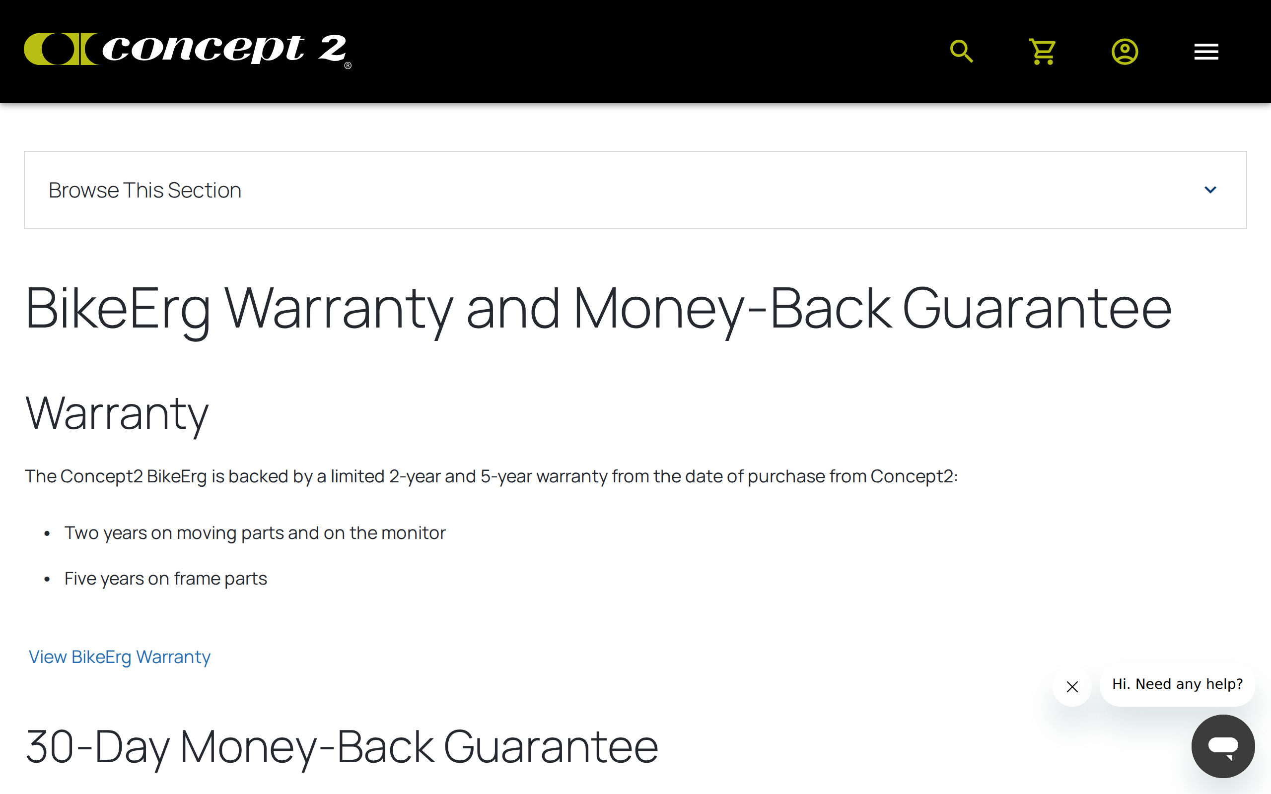 Concept2's BikeErg warranty and money-back guarantee page