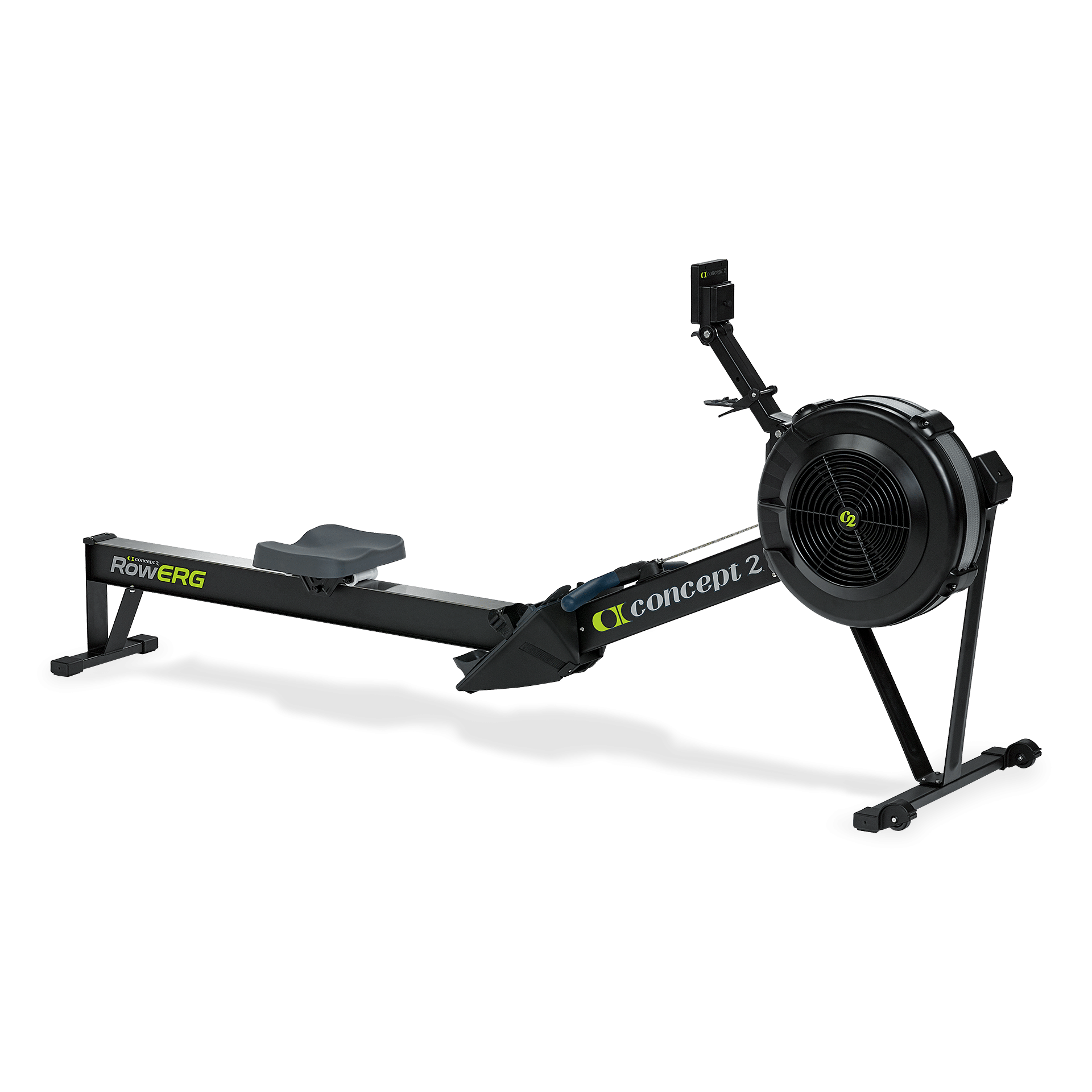 The RowErg seen from the front at an angle, the flywheel housing facing the camera