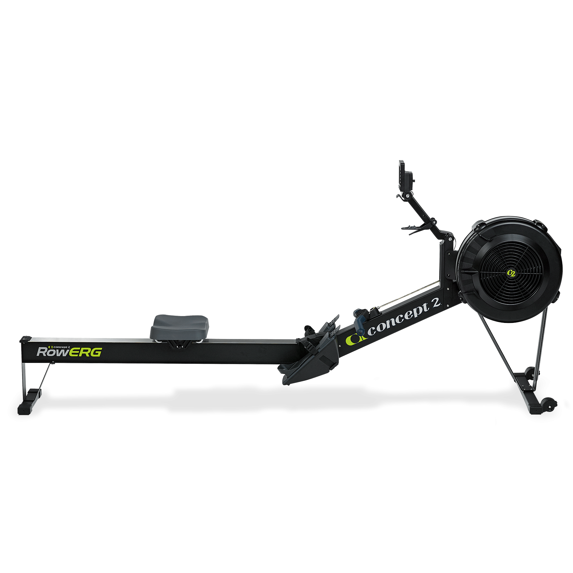 Side view of a black Concept2 RowErg rowing machine with the air flywheel on the right and the PM5 monitor on its arm