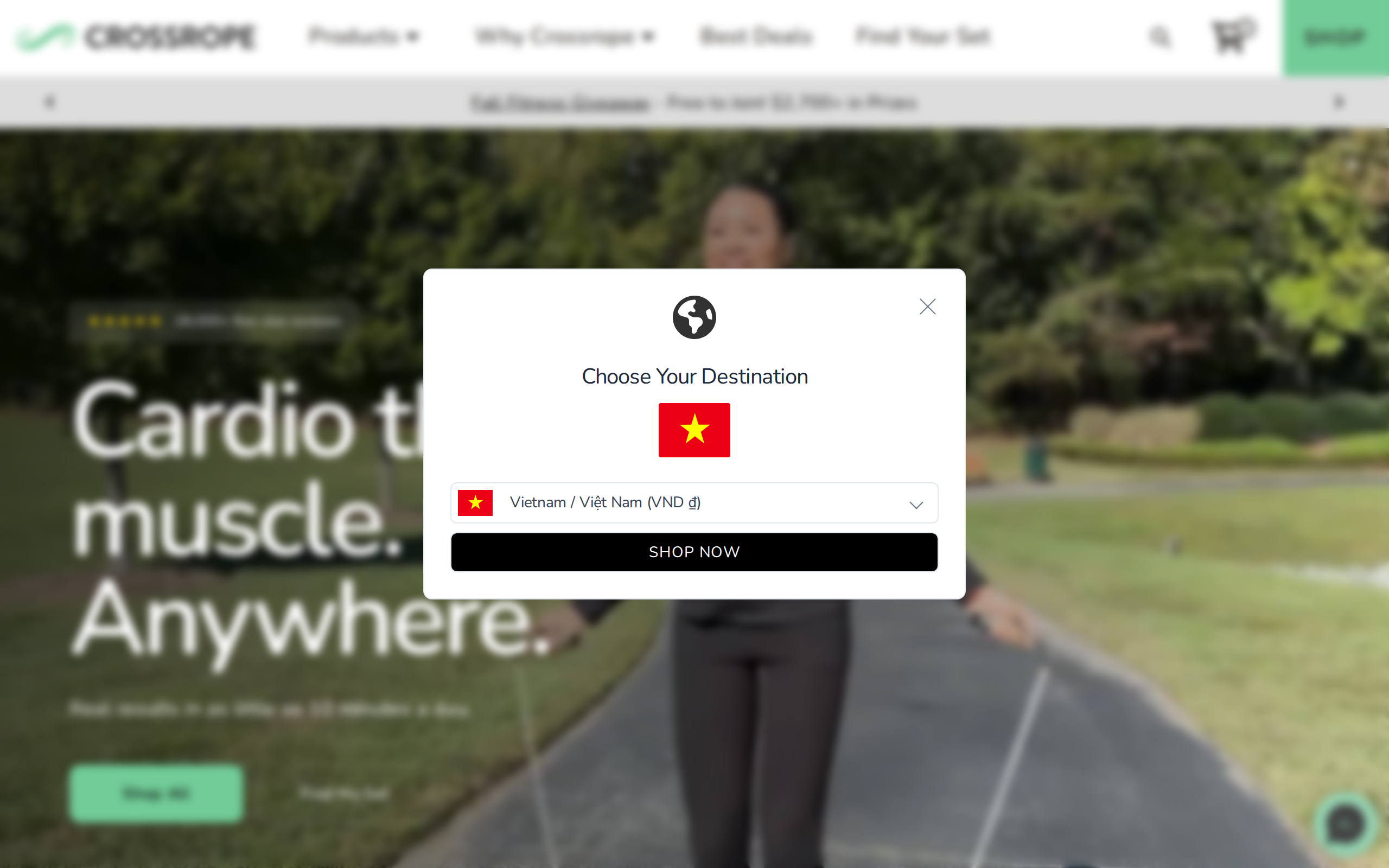 Crossrope homepage with the headline "Cardio that builds muscle. Anywhere." and a giveaway banner