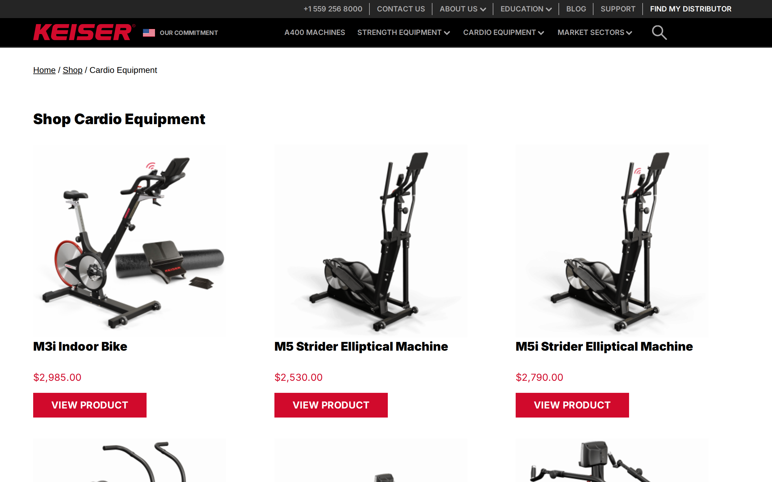 Keiser cardio range page listing the M3i Indoor Bike at $2,985 beside two Strider ellipticals