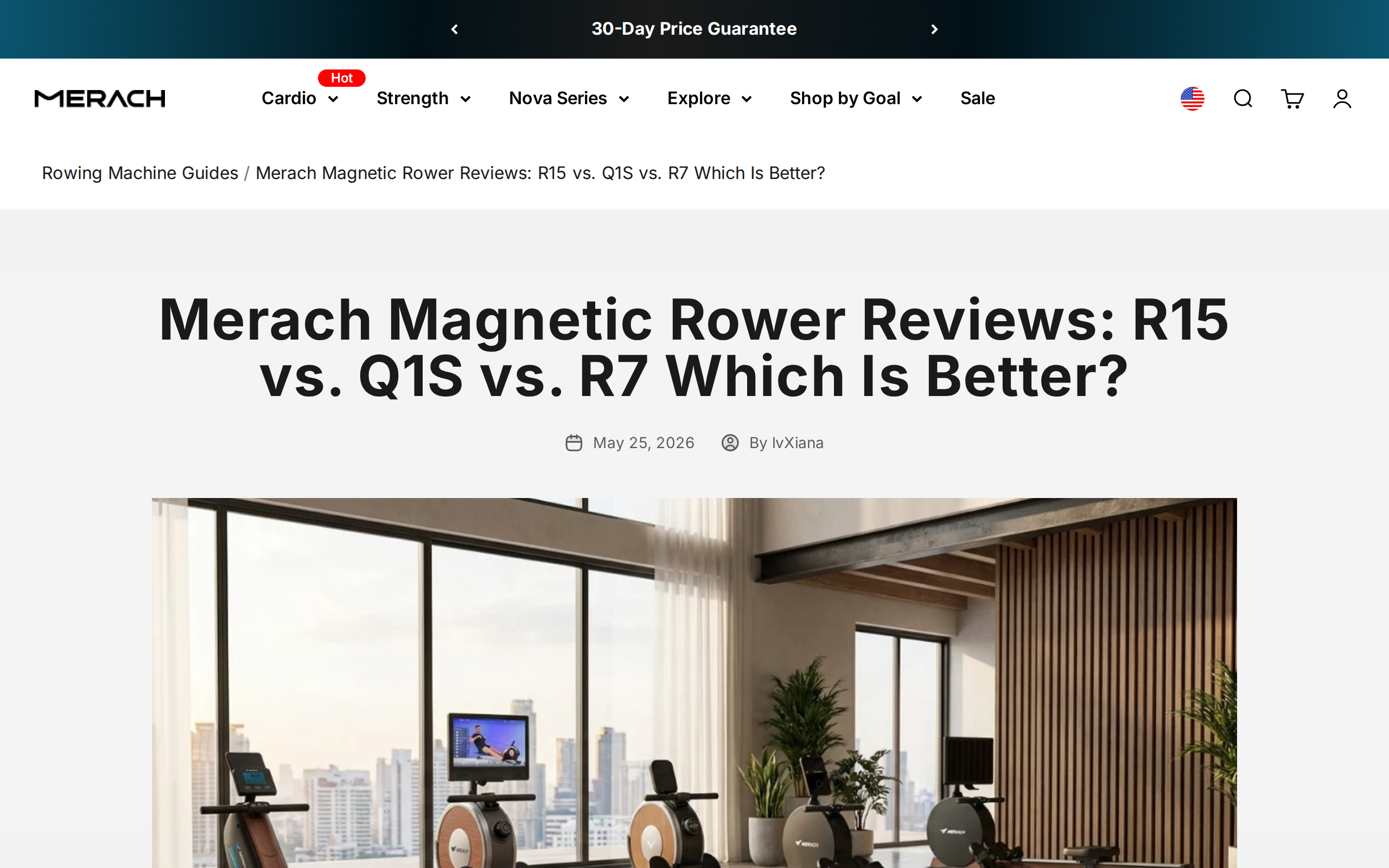 Merach comparison article with a table of the R15, Q1S and R7 rowers