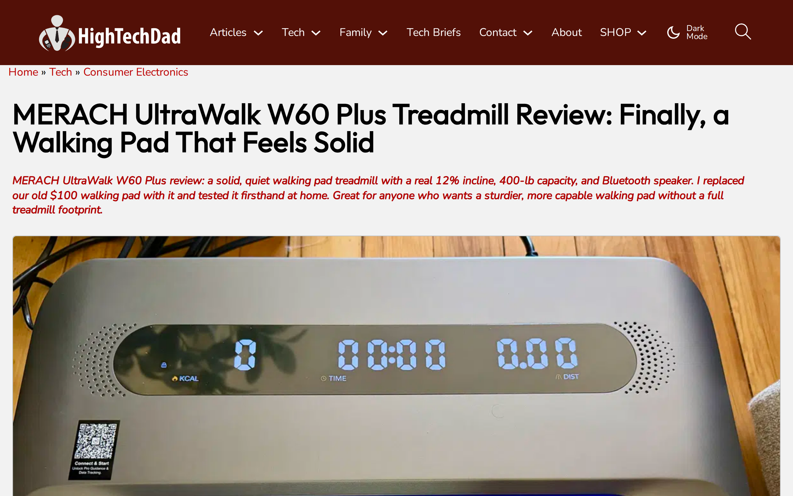 HighTechDad review of the Merach UltraWalk W60 Plus walking pad treadmill with a product photo