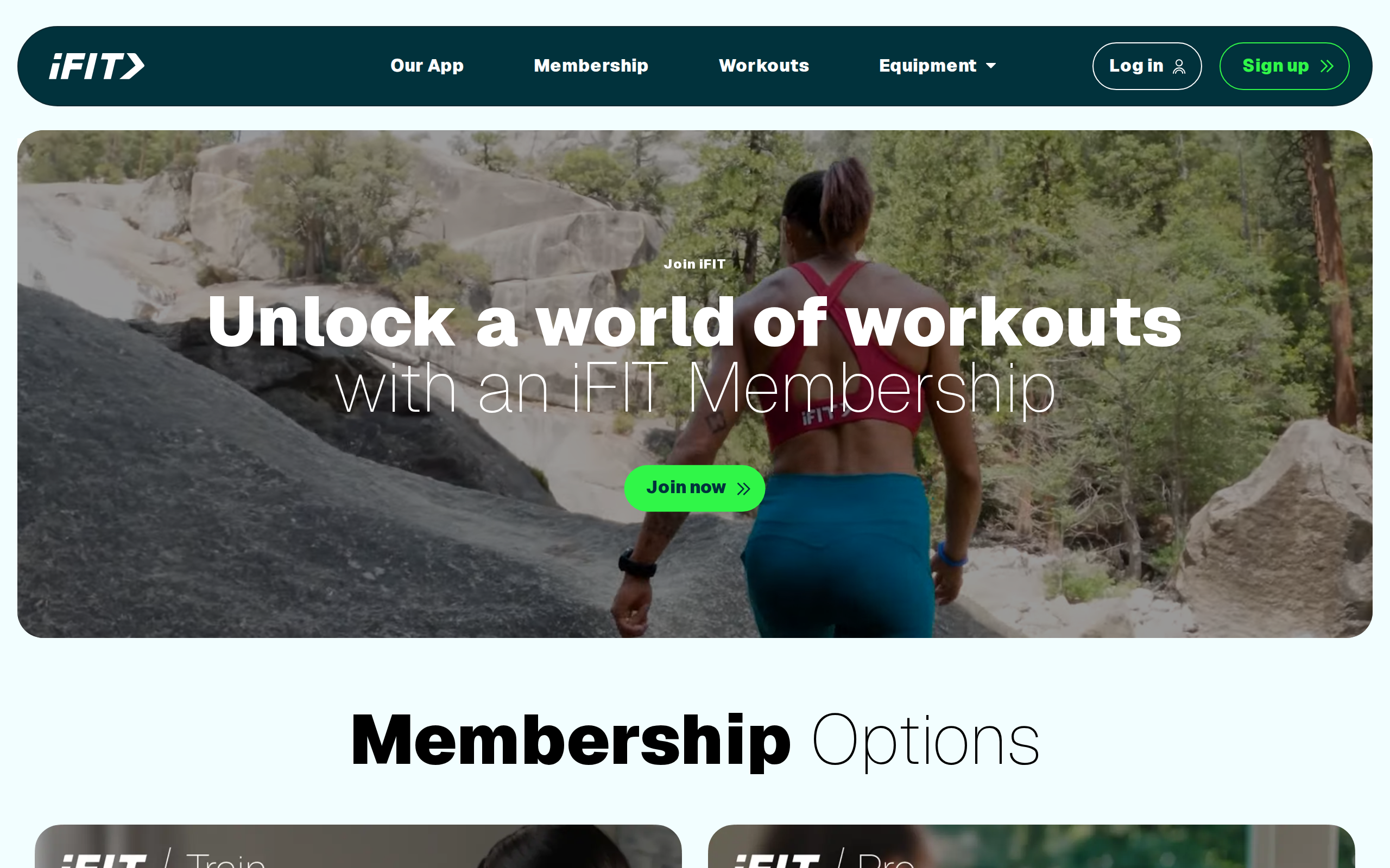 iFIT's membership page headed Unlock a world of workouts, with a runner on a mountain trail