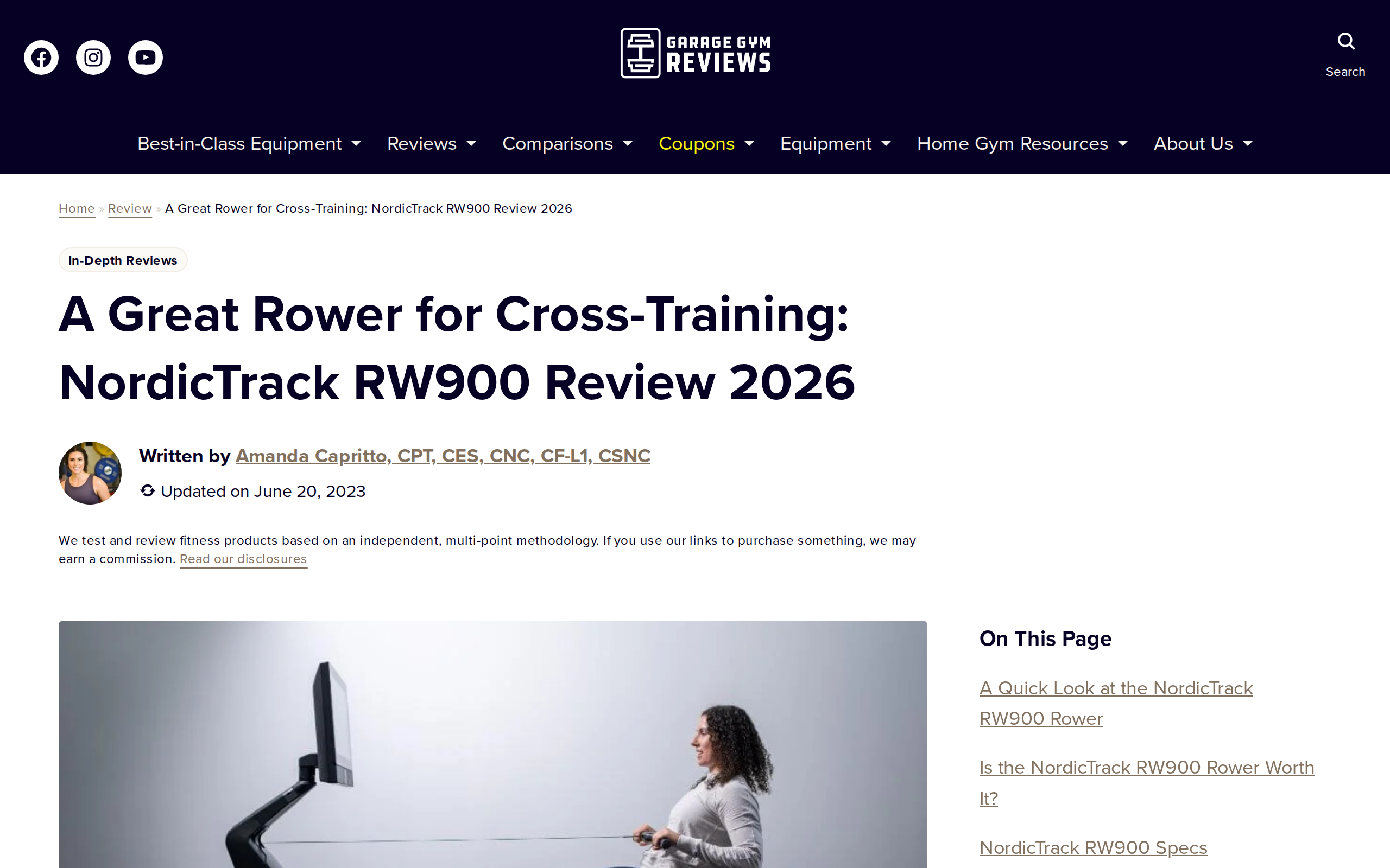 Garage Gym Reviews page for the NordicTrack RW900, headed a great rower for cross-training, with a photo of a person using the rowing machine
