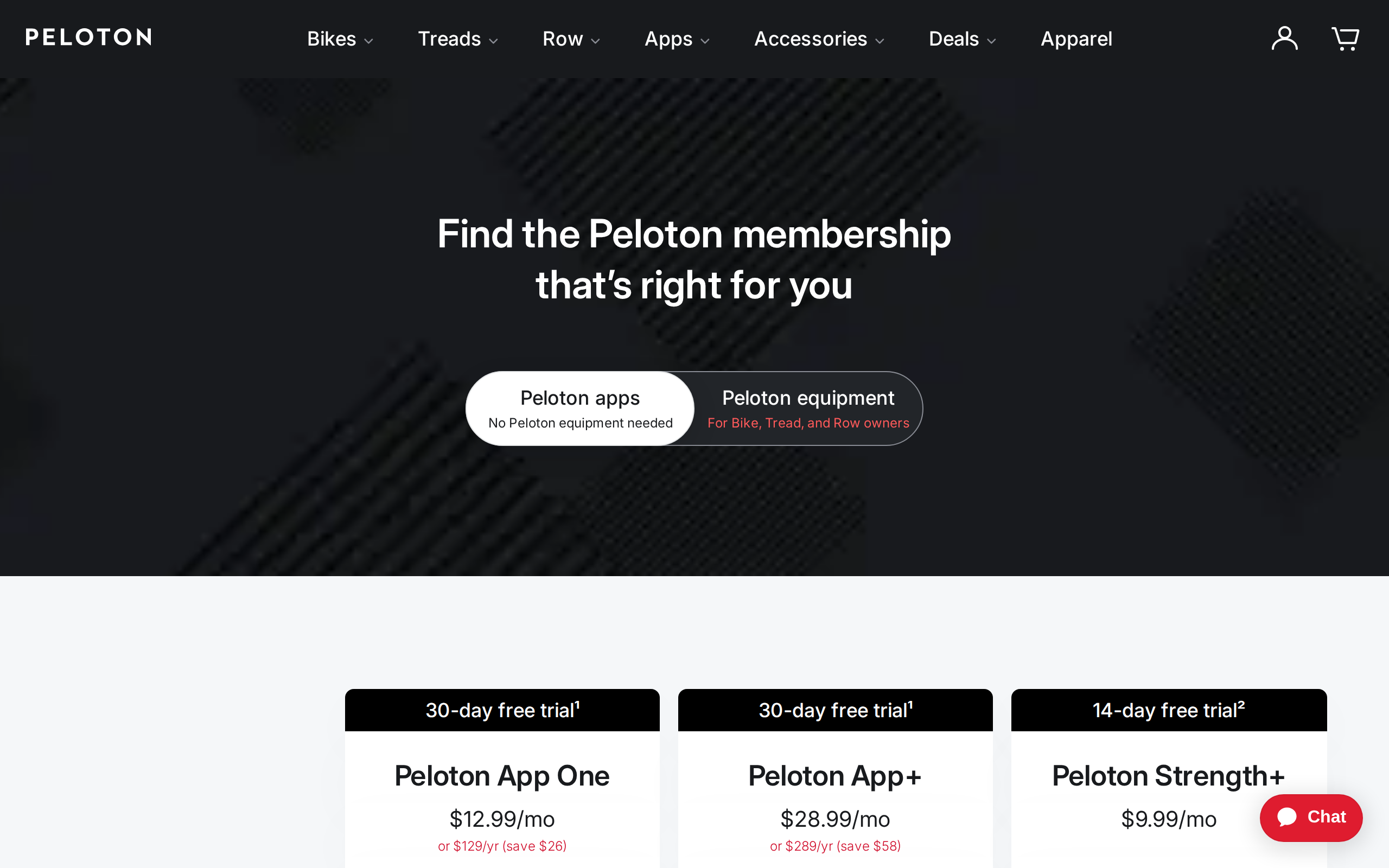 Peloton's membership page showing the App One at $12.99 a month and App+ at $28.99 a month
