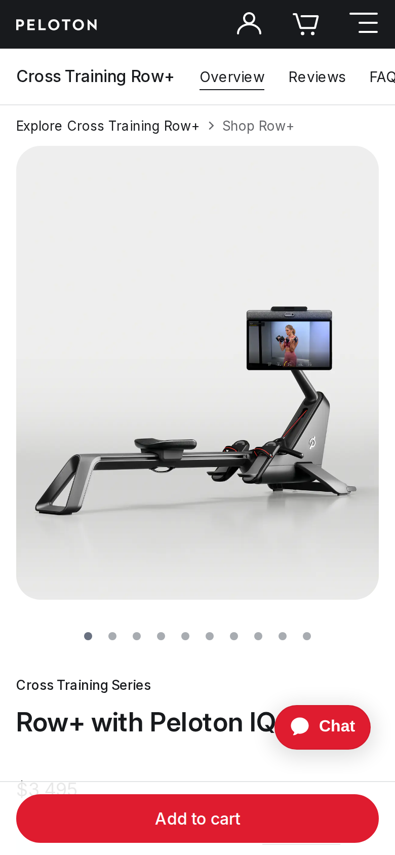 Peloton Cross Training Row+ product page on a phone, showing the machine, its screen and the $3,495 price