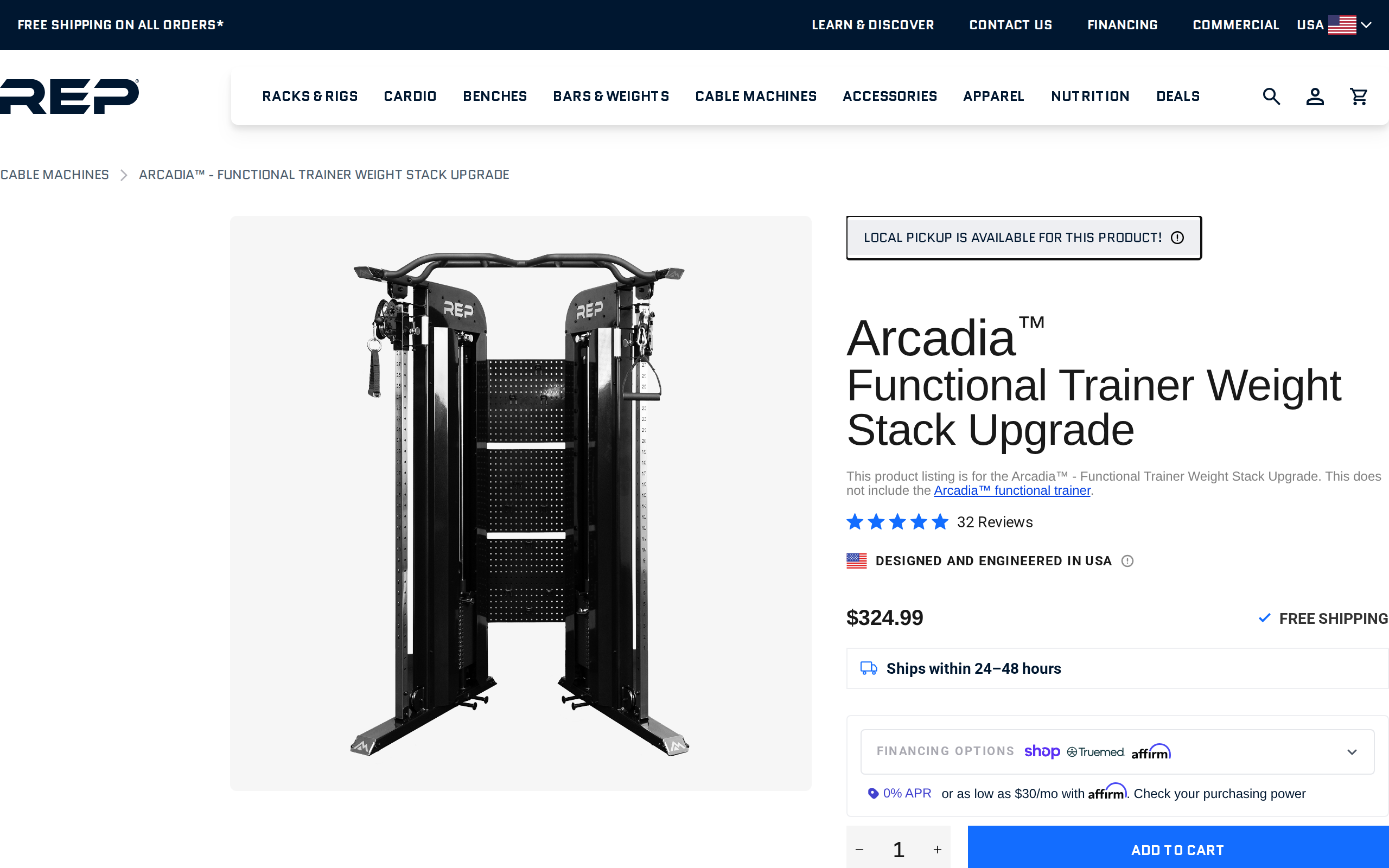 REP's Arcadia weight stack upgrade page listing the add-on at $324.99