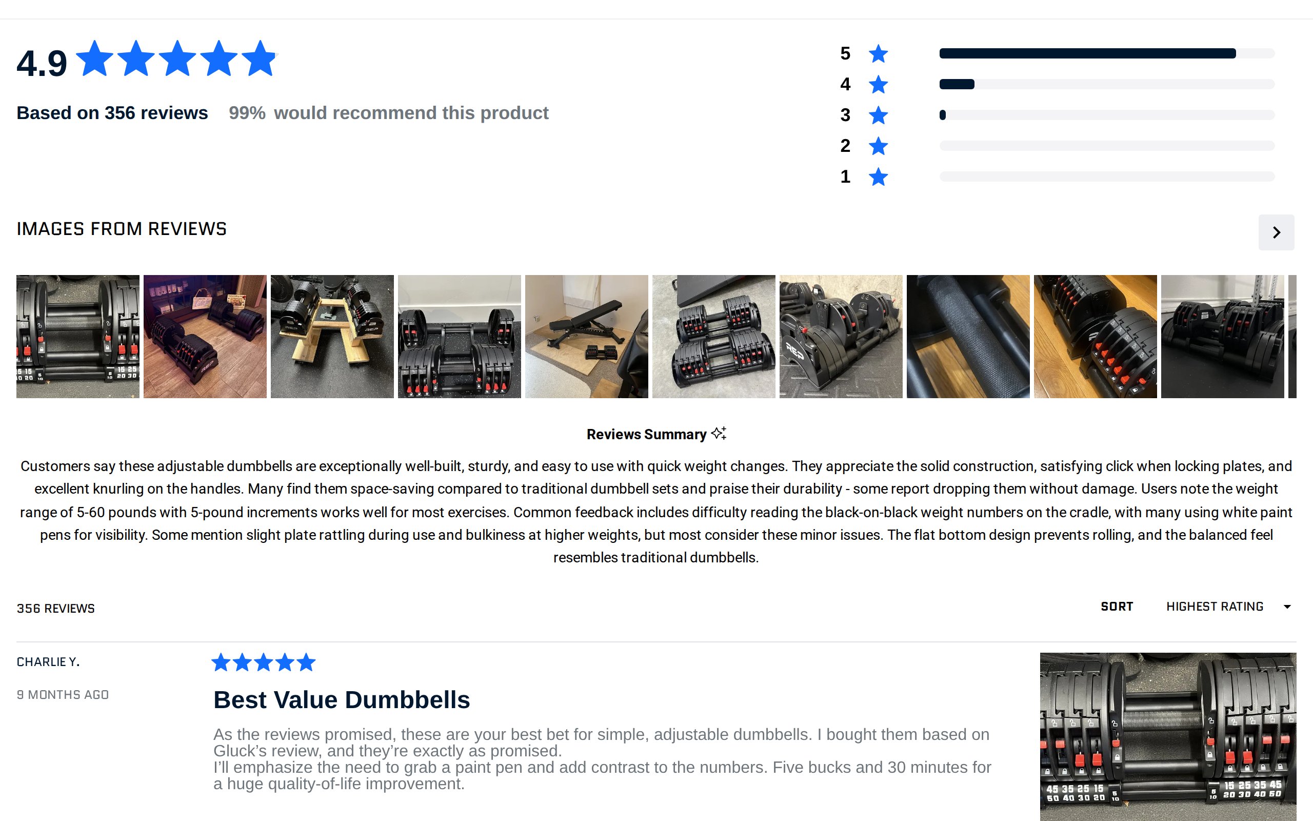 The review summary on REP's page: 4.9 stars from 356 reviews with a bar chart and customer photos