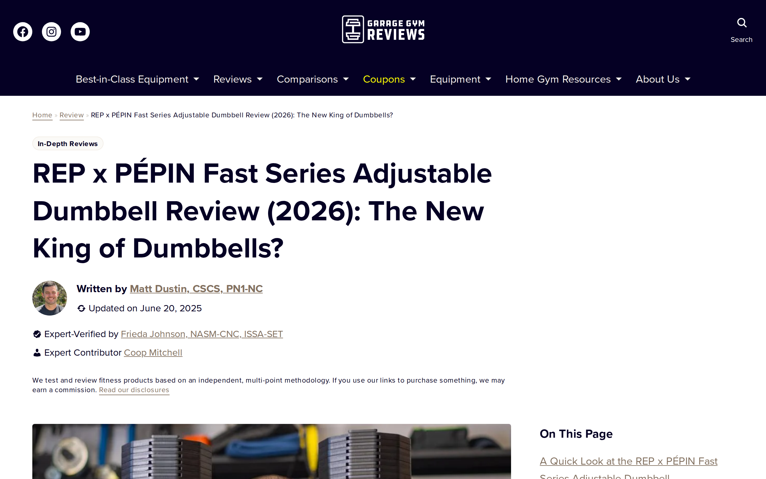 Garage Gym Reviews page for the REP x PÉPIN Fast Series Adjustable Dumbbell Review, with a photo of a lifter standing between two dumbbells