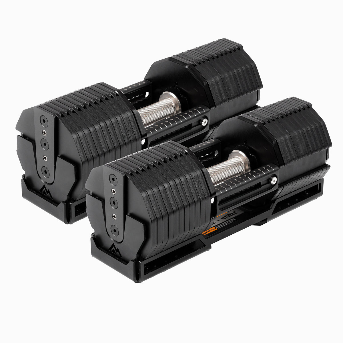Two black steel adjustable dumbbells with chunky plates resting in their cradles