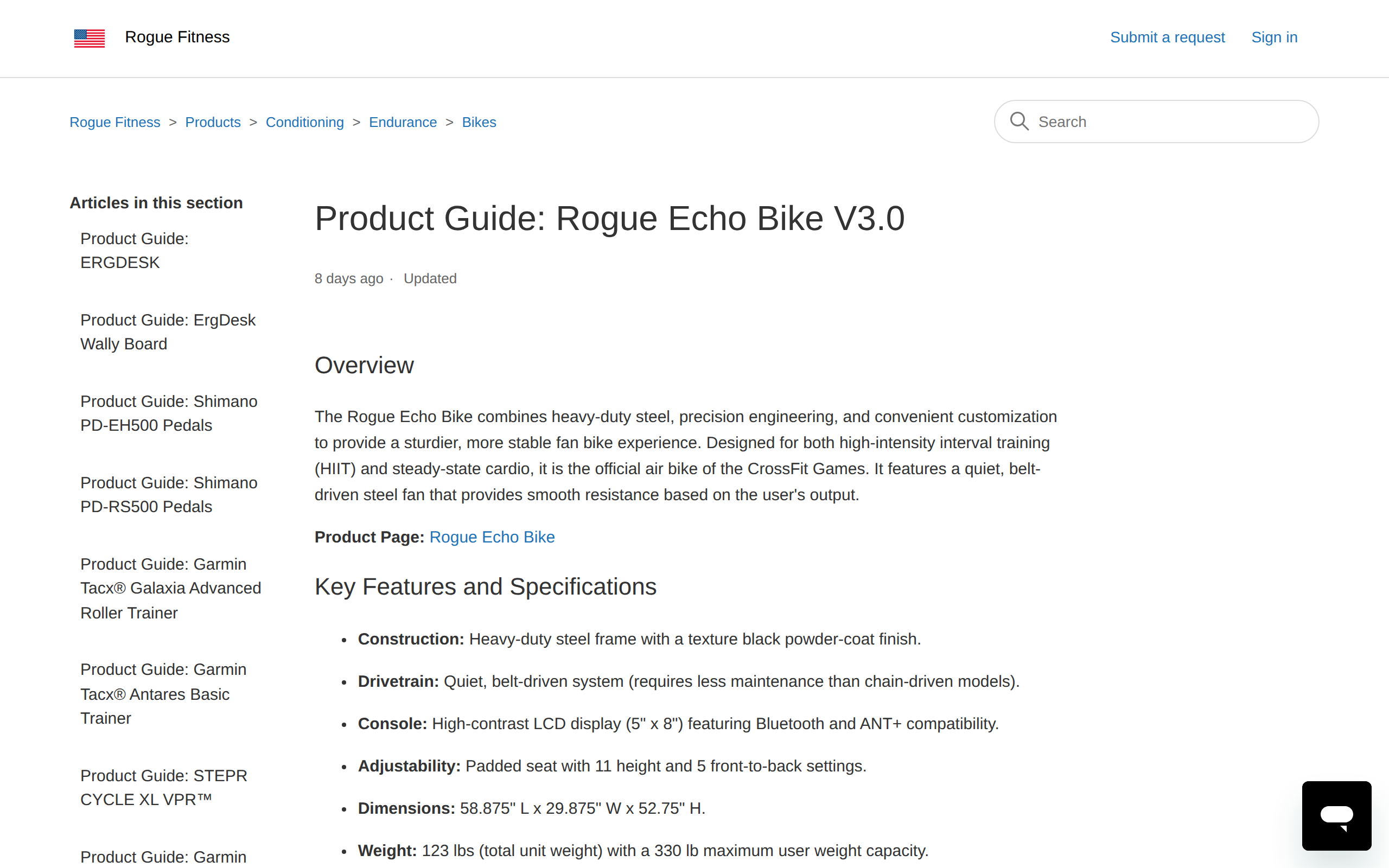 Rogue's Product Guide for the Echo Bike V3.0 with Overview and Key Features and Specifications headings