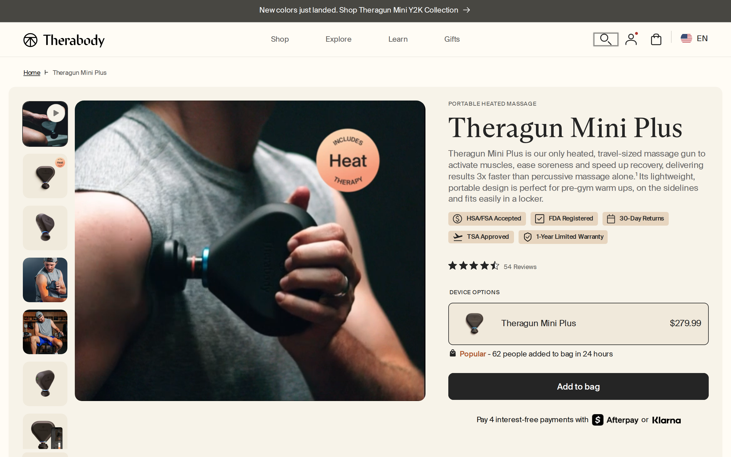 Theragun Mini Plus product page at $279.99 with three product photos