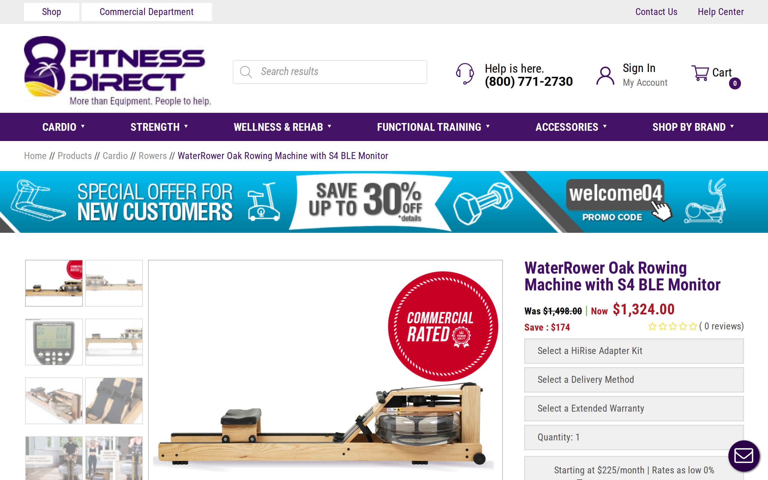 Fitness Direct listing for the WaterRower Oak with S4 BLE Monitor, a 1,324 dollar price and delivery options
