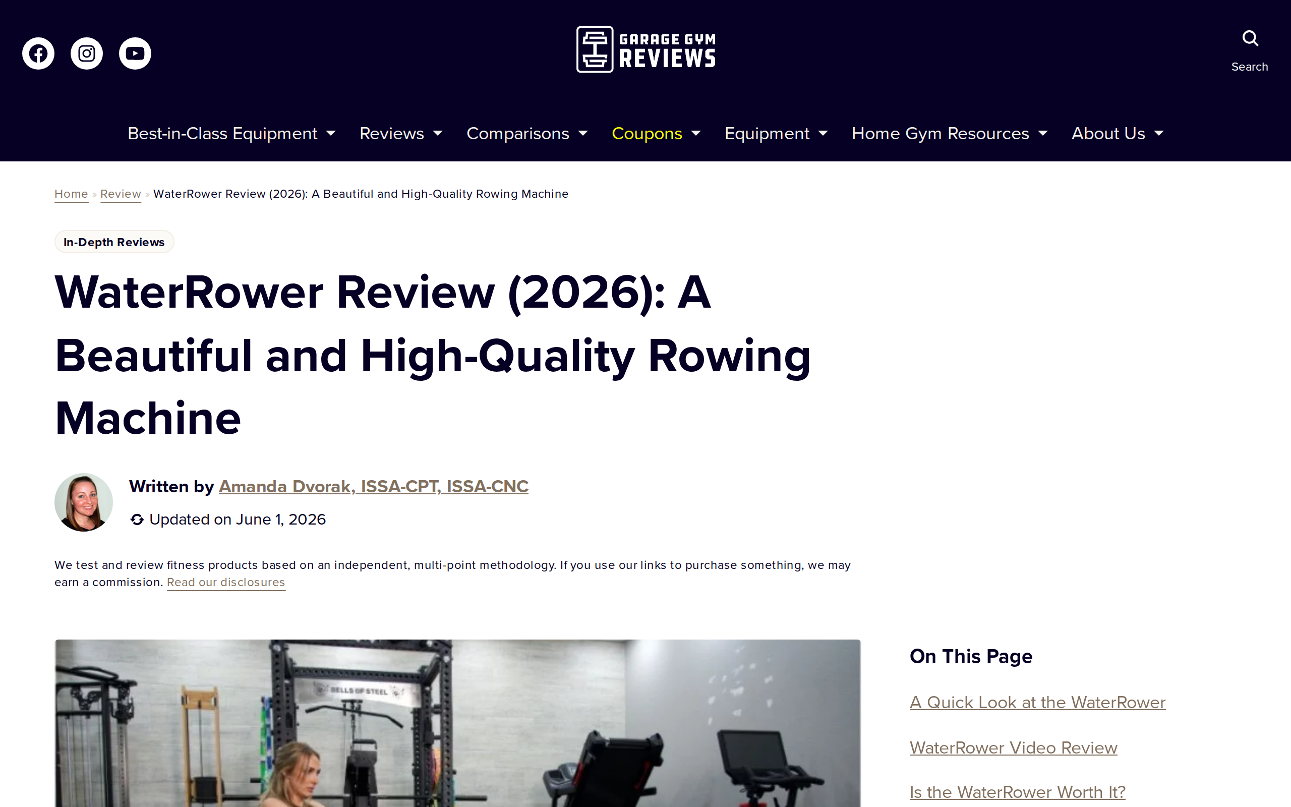 Garage Gym Reviews headline on the WaterRower review: a beautiful and high-quality rowing machine